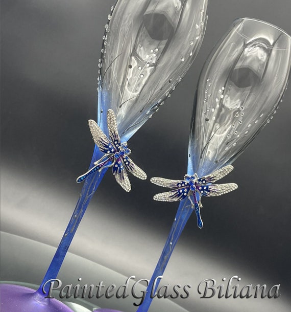 Blue and purple dragonflies hand painted wedding champagne flutes, Set of 2