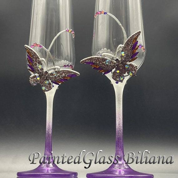 Purple butterflies hand painted wedding champagne flutes, Set of 2