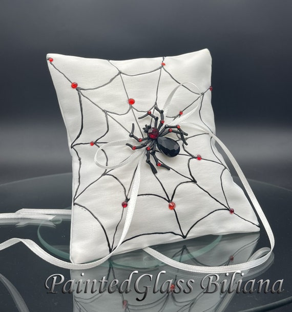 Black red Spider web ring pillow, satin handmade hand painted ring pillow halloween theme