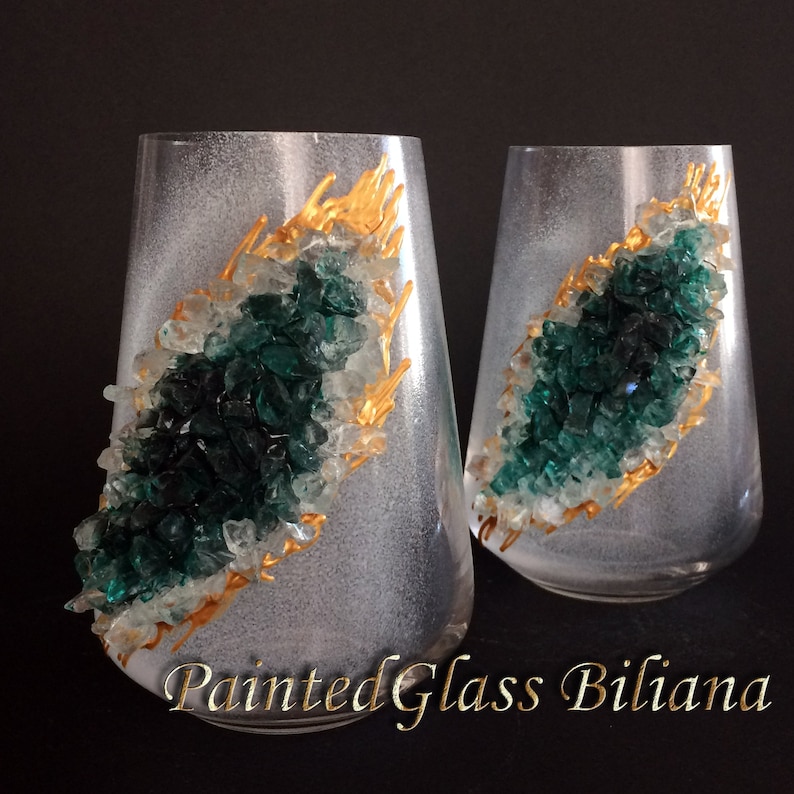Emerald Green Geode Stemless Wine Glasses Etsy