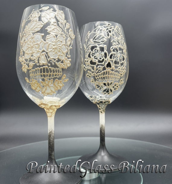 Set of 2 hand painted Sugar skull Halloween wine glasses