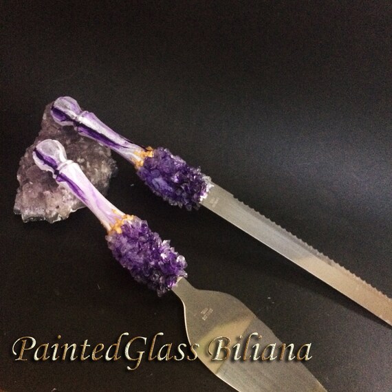 Amethyst marble geode wedding set ring pillow, champagne flutes and a cake serving set