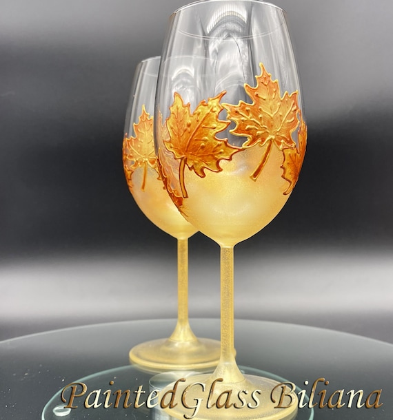 Autumn set of 2 Maple Leaves wine glasses in gold and copper color