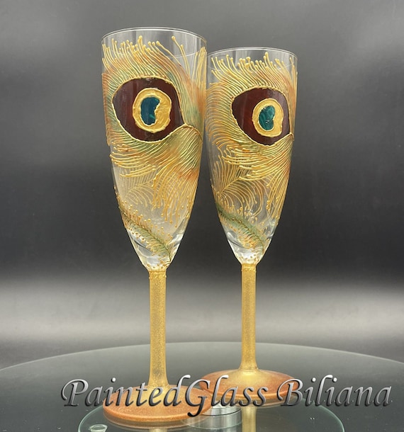 Wedding Glasses Peacock feather Champagne Flutes Hand Painted Set of 2 Peacock theme wedding in Brown and Gold color