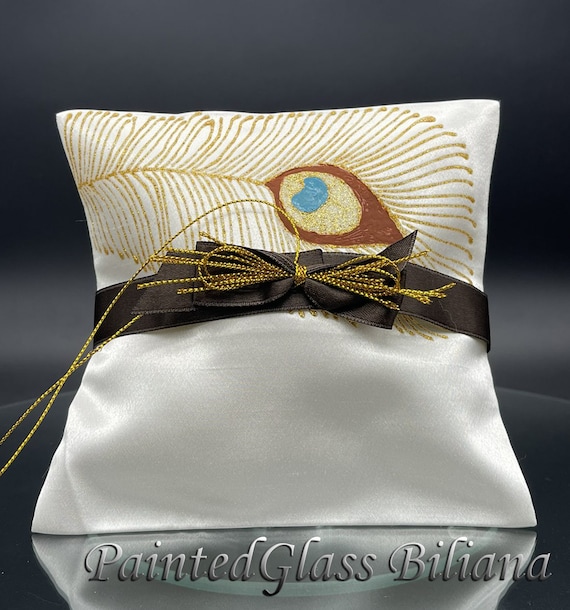 Gold brown peacock feathers ring pillow