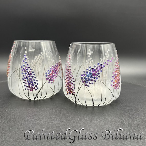Lavender haze purple stemless wine whiskey glasses, Set of 2