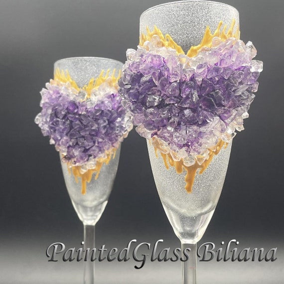 Free shipping Amethyst heart geode wedding flutes