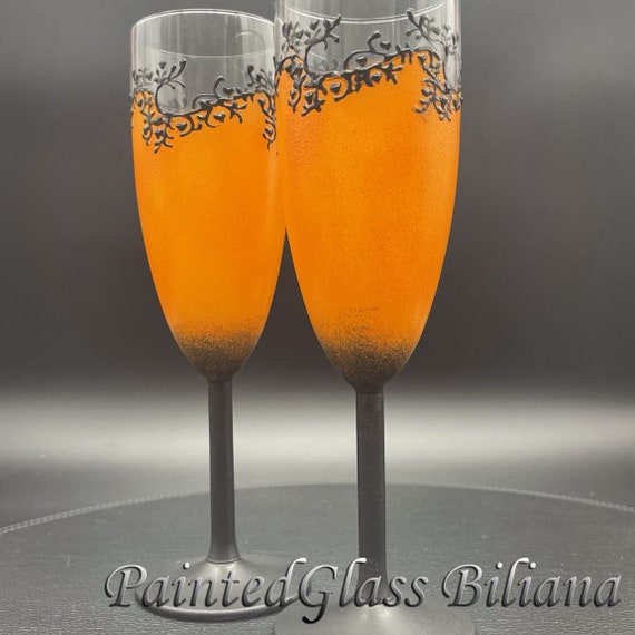 Set of 2 hand painted wedding flutes champagne flutes Classic Black and orange Gatsby style