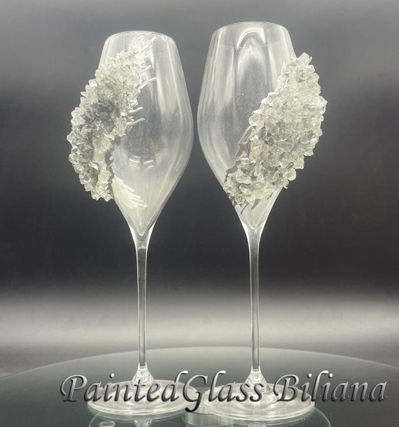 Silver geode wedding set champagne flutes