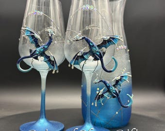 Turquoise blue dragon wedding wine glasses, Set of 2