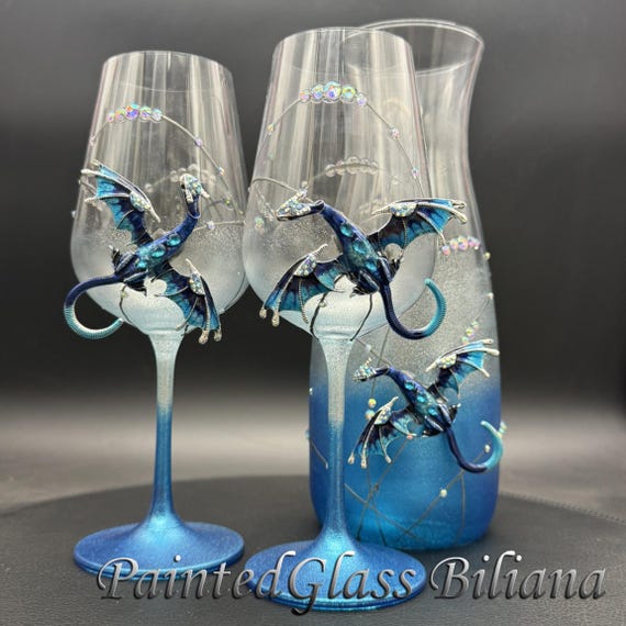 Turquoise blue dragon wedding wine glasses, Set of 2