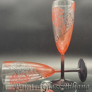 Red and black Wedding Glasses Champagne Flutes Set of 2 Lace Heart design image 2