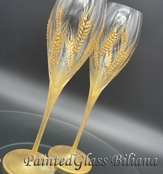 Set of 2 hand painted champagne flutes Autumn wedding theme Wheat Rye flutes wedding barn theme in gold color