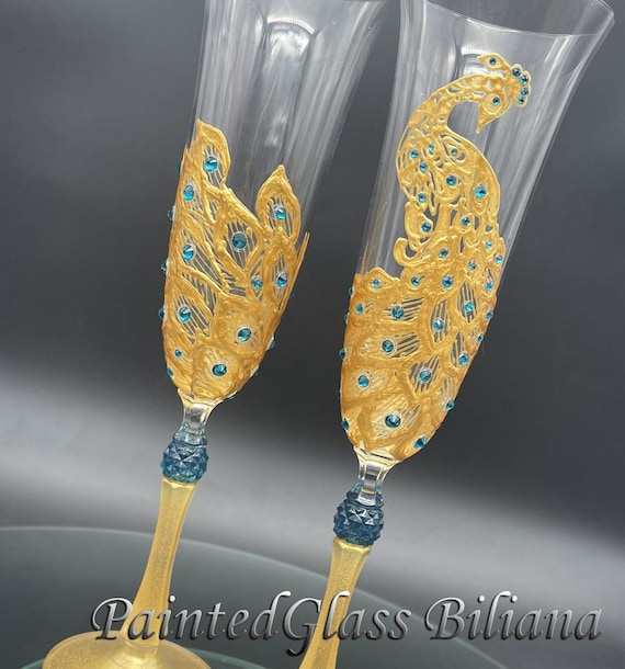 Set of 2 hand painted wedding champagne flutes Gold Peacock lace theme wedding glasses Swarovski crystals