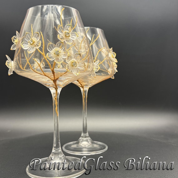 Sakura set of 2 Hand Painted wine glasses Cherry blossom