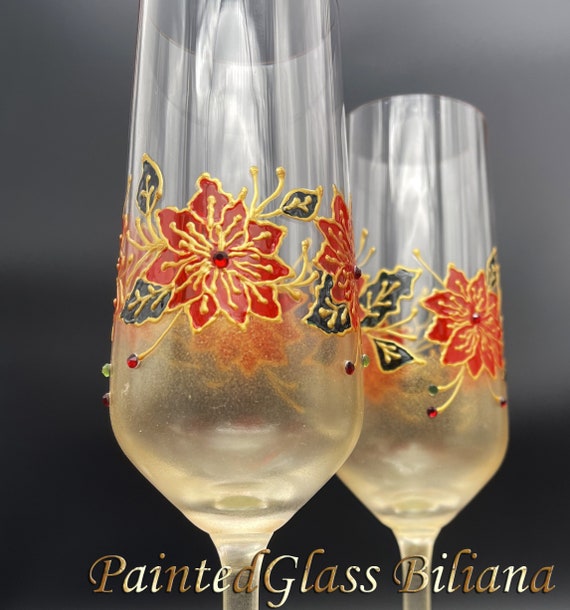 CRYSTAL SET of 2  Winter poinsettia wedding champagne flutes Christmas glasses in gold, red and green