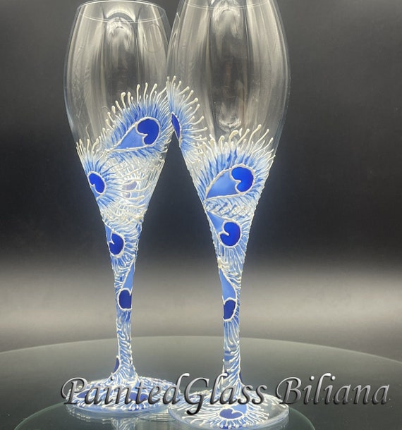 Set of 2 hand painted wedding champagne flutes Lace peacock feather design in white and blue color