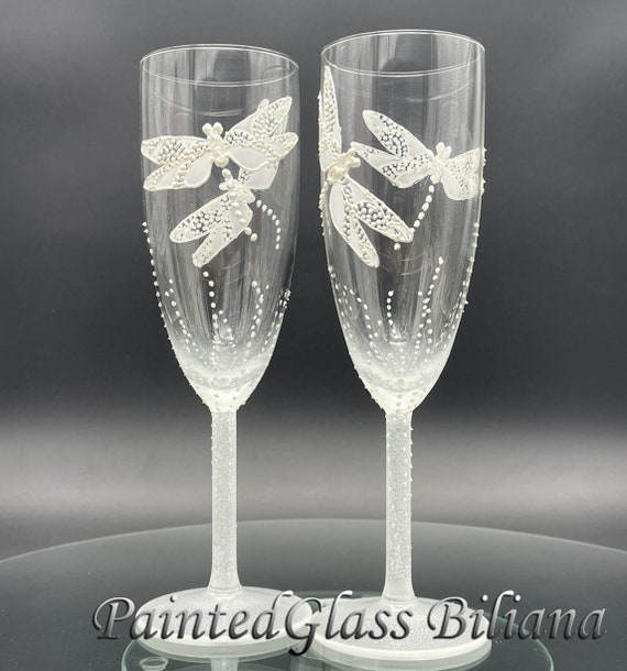 Set of 2 hand painted wedding champagne flutes White dragonflies