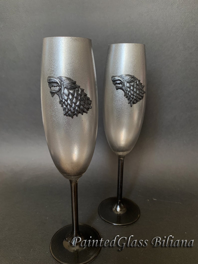 Game of thrones Set of 2 hand handmade hand painted wedding champagne flutes House Stark