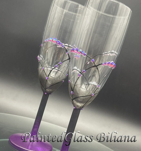 Purple black hand painted wedding champagne flutes, set of 2