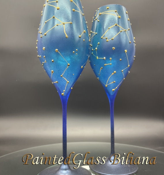 Constellations Set of 2 hand painted toasting wine glasses Night sky personalized glasses in blue and gold color