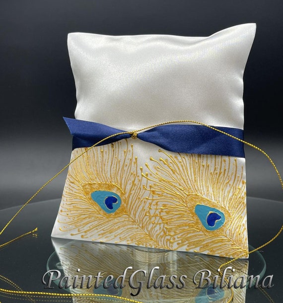 Gold blue peacock feathers ring pillow