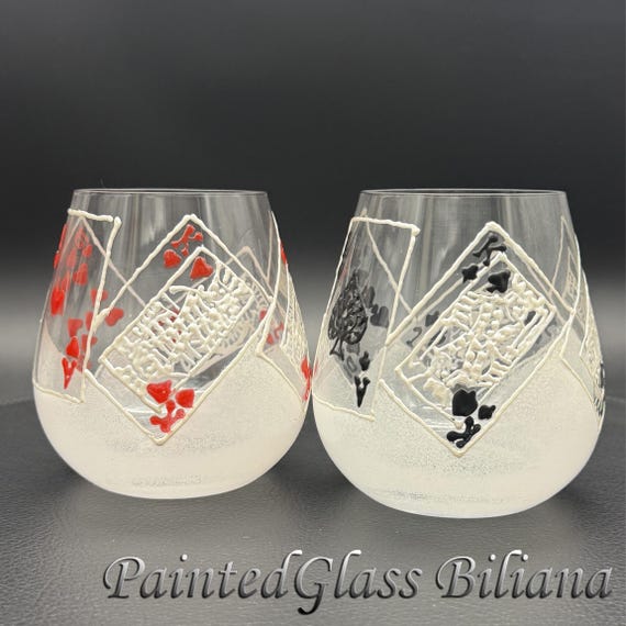 Set of 2 Hand Painted whiskey glasses Las Vegas poker cards game Casino Royal Flush in red and black color