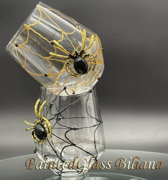 Black Gold Spider stemless wine glasses, Halloween wedding theme