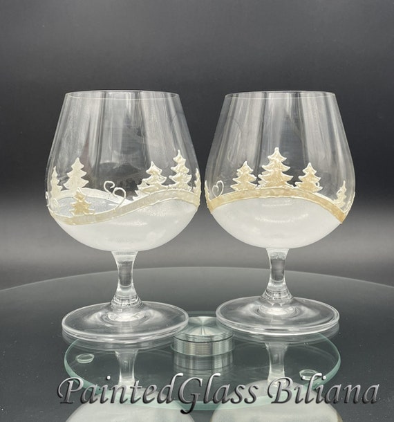 Set of 2 Hand Painted Christmas brandy cognac glasses Cold Winter