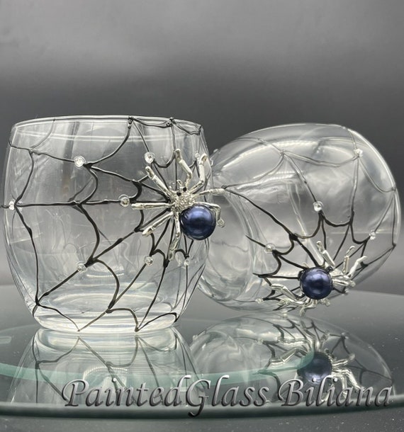 Black Spider Halloween whiskey glasses, set of 2