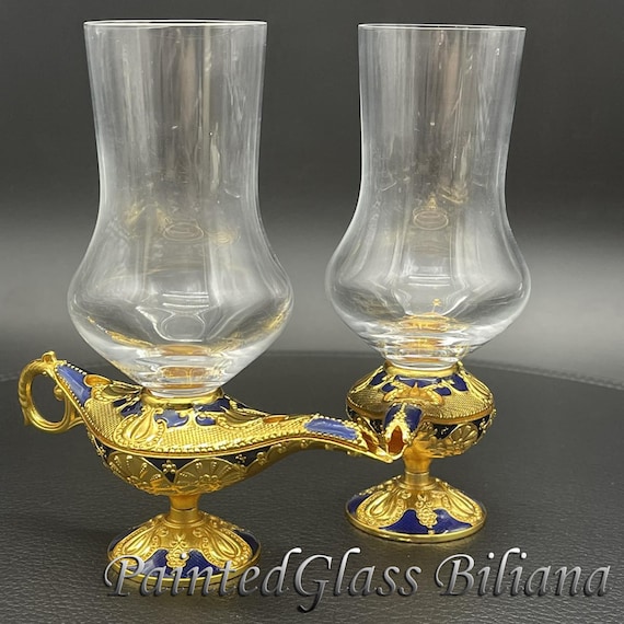 Aladdin magic lamp wedding champagne flutes, gold & blue color, fairytale wedding glasses