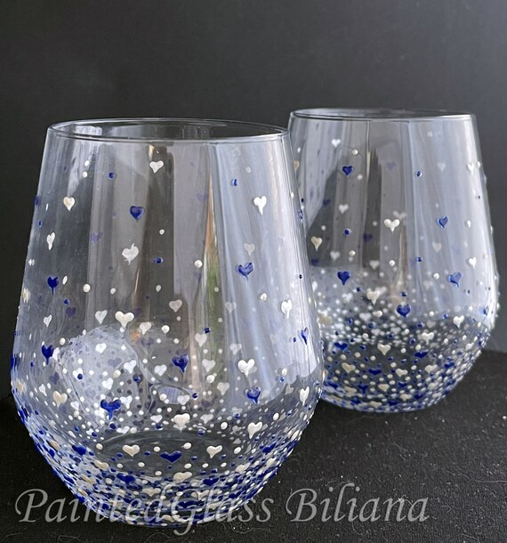Set of 2 hand painted stemless wine glasses Valentine's day in pearly white and blue