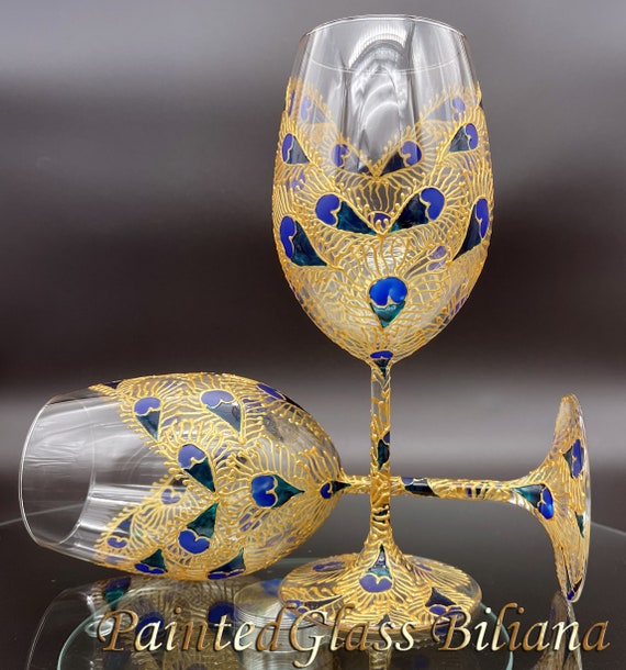 Set of 2 Hand Painted wine glasses Peacock feather lace heart in blue, turquoise and gold color