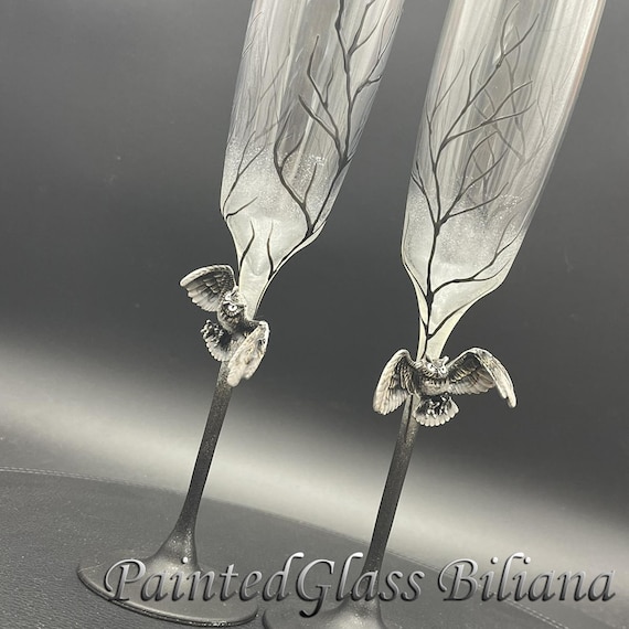 Black silver owl toasting wedding flutes