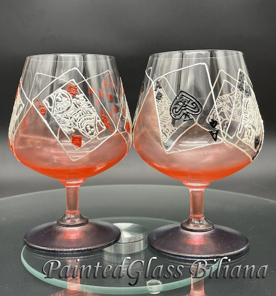 CRYSTAL Set of 2 Hand Painted brandy cognac whiskey glasses Las Vegas poker cards game Casino Royal Flush in red and black color