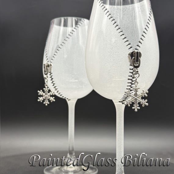 Zipper snowflake wine glasses, Hand Painted
