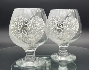 Set of 2 Hand Painted brandy/ cognac glasses Love Heart Lace