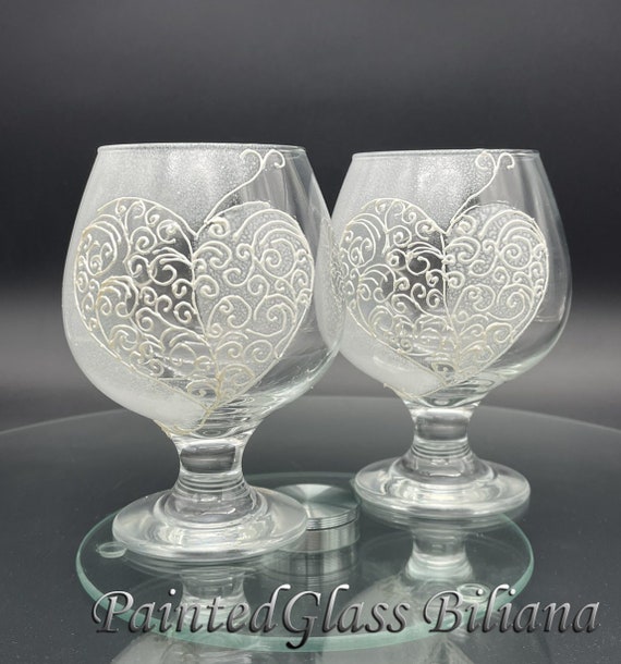 Set of 2 Hand Painted brandy/ cognac glasses Love Heart Lace