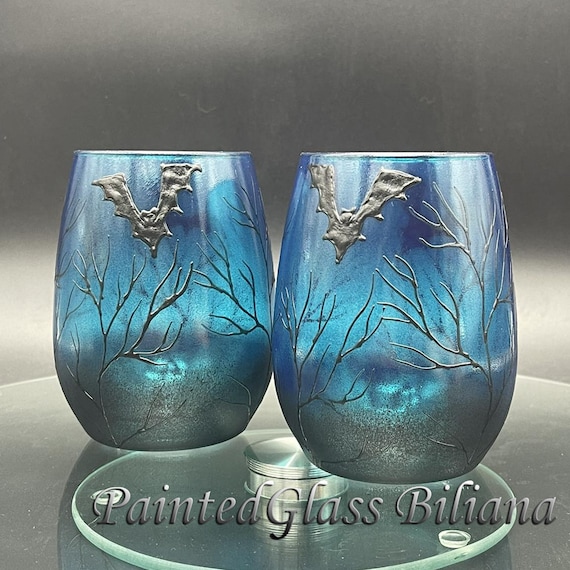 Set of 2 hand painted stemless wine glasses Black and turquoise  Bats
