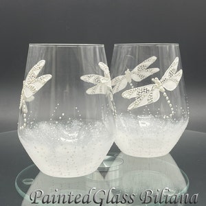 Set of 2 Hand Painted stemless wine glasses White dragonflies