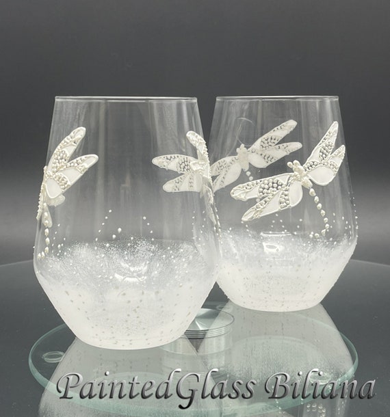 Set of 2 Hand Painted stemless wine glasses White dragonflies