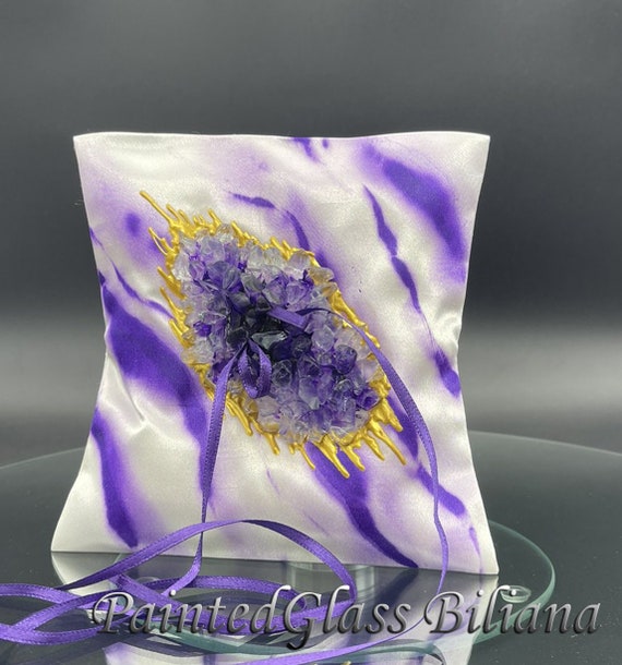 Amethyst marble geode ring pillow, satin handmade hand painted ring pillow