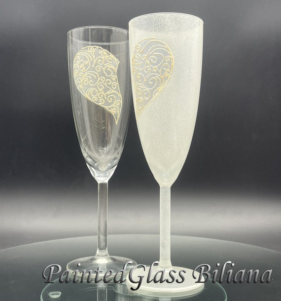 Set of 2 hand painted Valentine heart champagne flutes Love