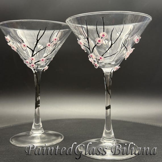 Sakura set of 2 Hand Painted martini glasses Cherry blossom theme