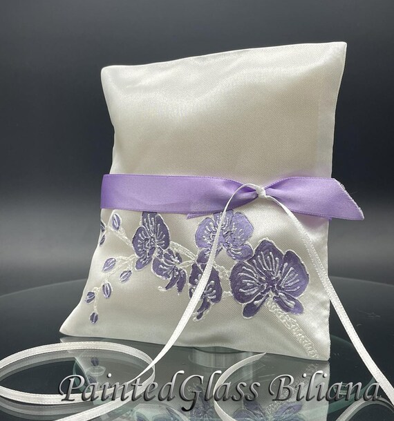Purple orchid ring pillow, hand painted