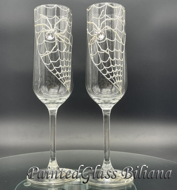 Set of 2 hand painted champagne flutes Swarovski crystal Spider couple toasting wedding glasses