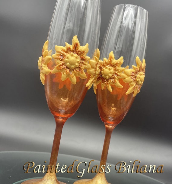 Set of 2 hand painted sunflower wedding champagne flutes