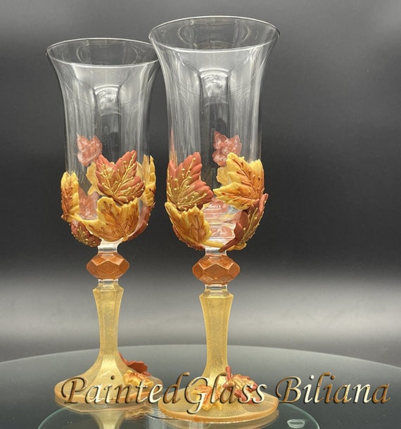 Autumn Set of 2 hand painted wedding champagne flutes Maple leaves theme wedding glasses Cake serving set