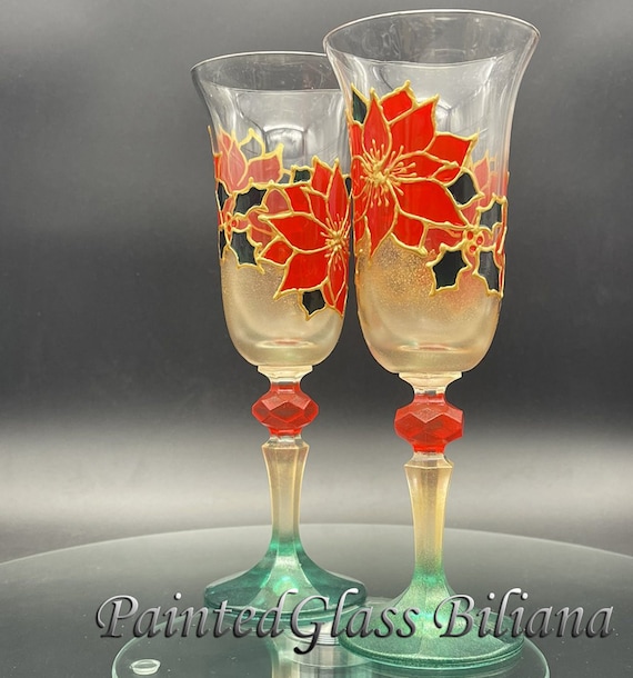 Christmas set of 2 wedding winter toasting flutes Red Poinsettia flower