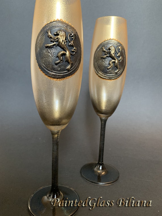 Game of thrones Handmade hand painted wedding flutes House Lannister